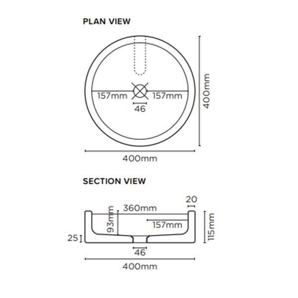 Nood Co Bowl Basin Surface Mount Technical Drawing - The Blue Space