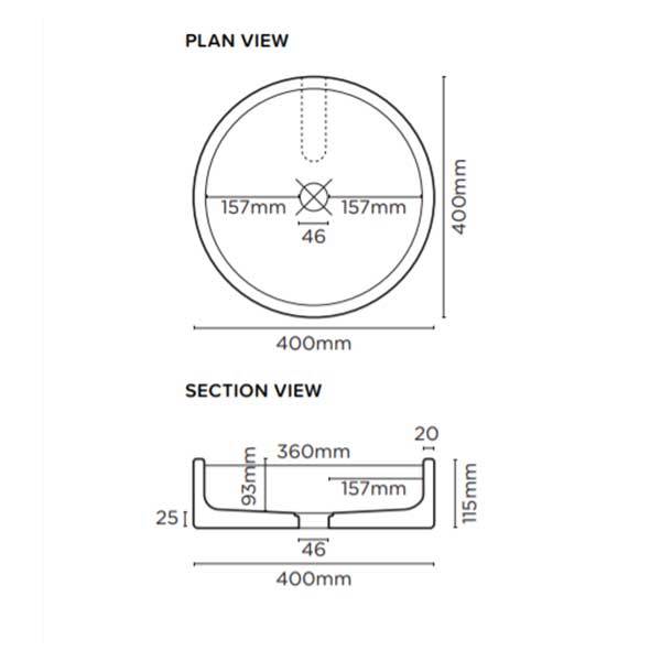 Nood Co Hoop Basin Wall Hung Technical Drawing - The Blue Space