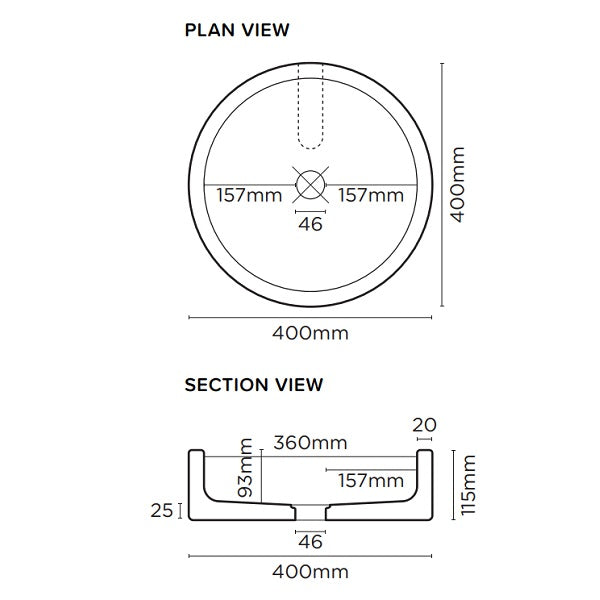 Technical Drawing: Nood Co Bowl Basin Surface Mount