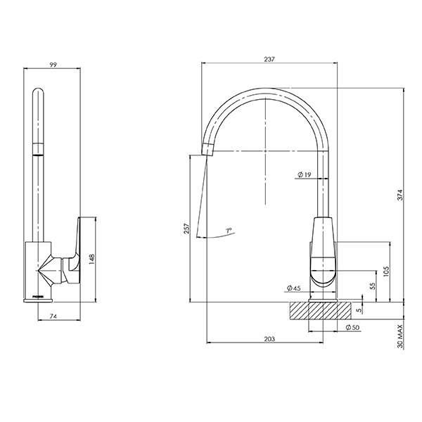 Phoenix Arlo Sink Mixer 200mm Gooseneck Technical Drawing - The Blue Space
