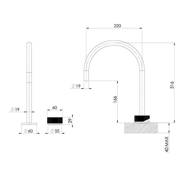 Phoenix Axia Hob Sink Mixer Set 200mm Technical Drawing - The Blue Space