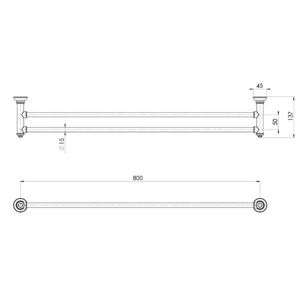 Technical Drawing; Phoenix Cromford Double Towel Rail 800mm