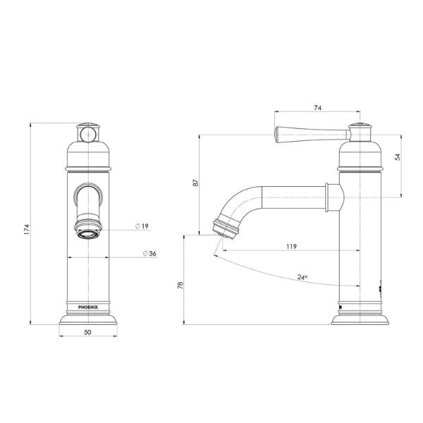 Technical Drawing; Phoenix Cromford Basin Mixer