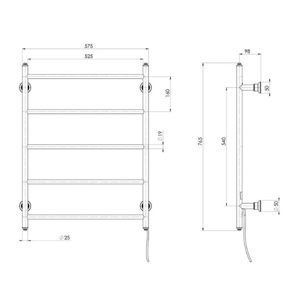 Technical Drawing; Phoenix Cromford Heated Towel Ladder 550mm