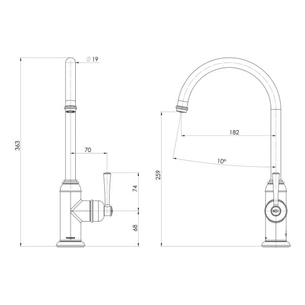 Technical Drawing; Phoenix Cromford Side Level Sink Mixer