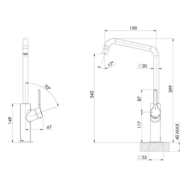Phoenix Ester Sink Mixer Technical Drawing - The Blue Space