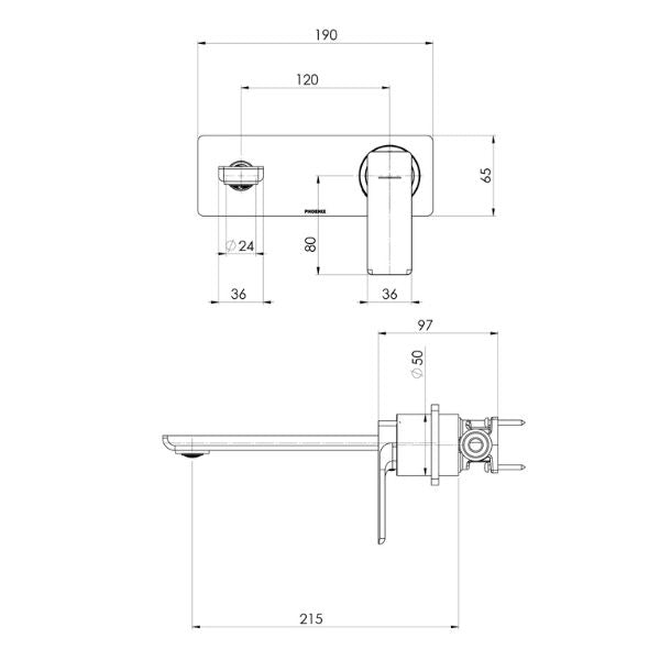 Technical Drawing; Phoenix Gloss MKII Wall Basin/Bath Mixer Set