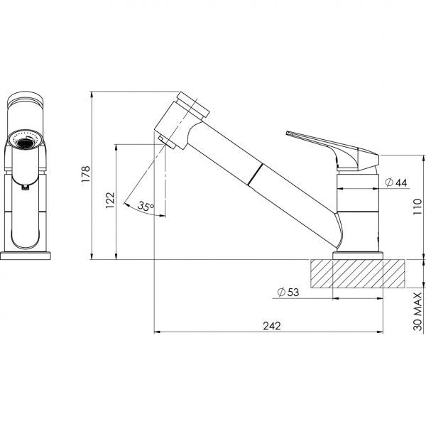 Phoenix Ivy MKII Pull Out Sink Mixer Technical Drawing - The Blue Space