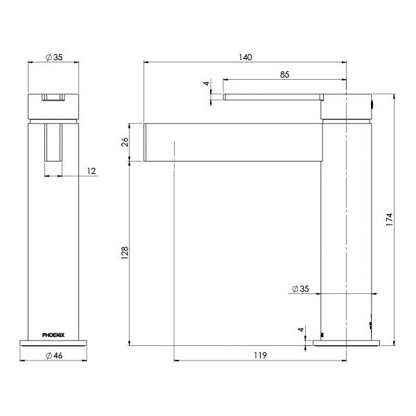 Phoenix Lexi MKII Basin Mixer Technical Drawing - The Blue Space