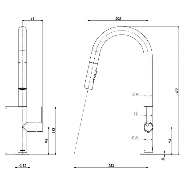 Phoenix Lexi MKII Pull Out Sink Mixer Technical Drawing - The Blue Space