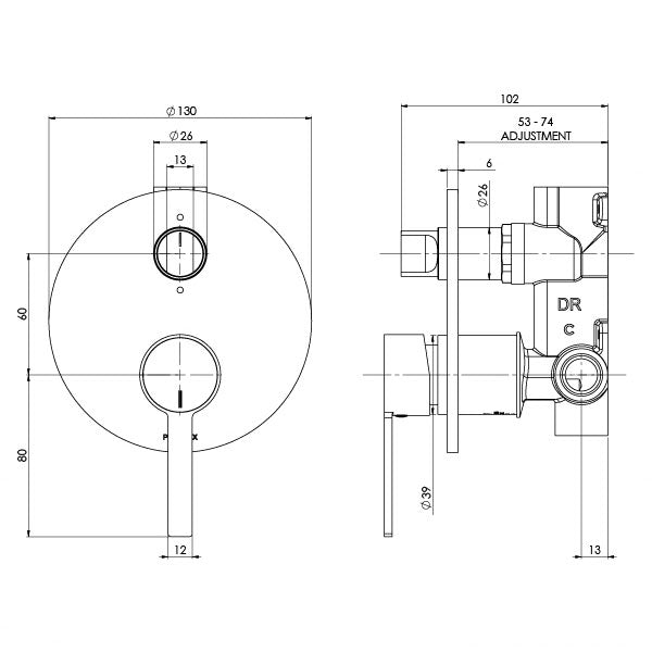 Phoenix Lexi MKII Shower/Bath Diverter Mixer Technical Drawing - The Blue Space