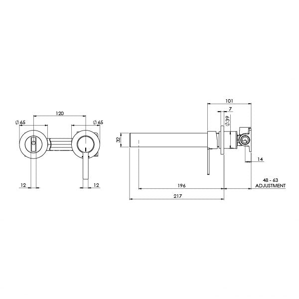 Phoenix Lexi MKII Basin/Bath Wall Mixer Set 200mm Technical Drawing - The Blue Space