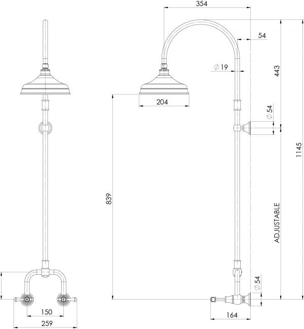 Phoenix Nostalgia Lever Exposed Shower Set Technical Drawing - The Blue Space