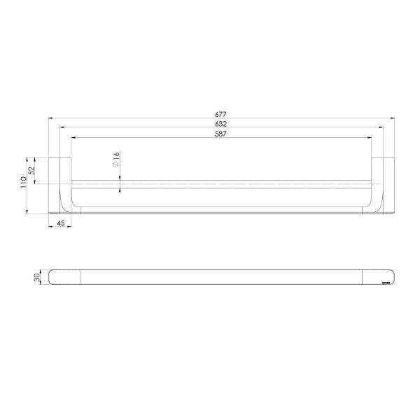 Phoenix Nuage Double Towel Rail 600mm Technical Drawing - The Blue Space