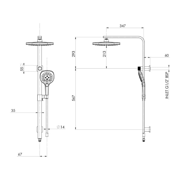 Technical Drawing: Phoenix Nuage Twin Shower Chrome