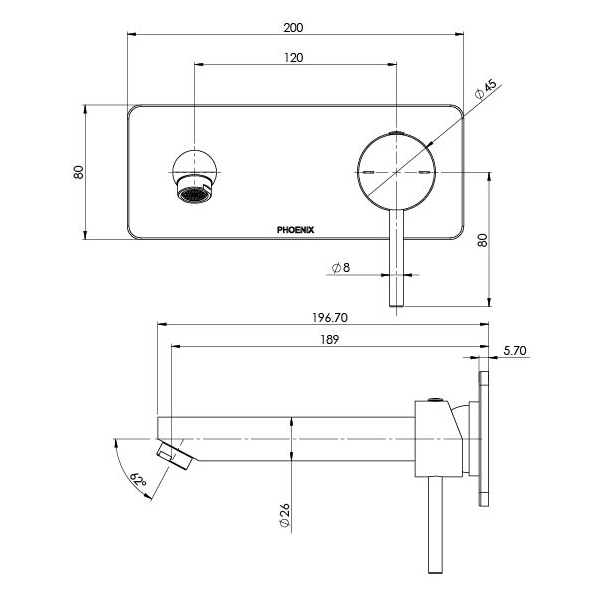 Phoenix Pina Wall Basin/Bath Mixer Set 180mm Technical Drawing - The Blue Space