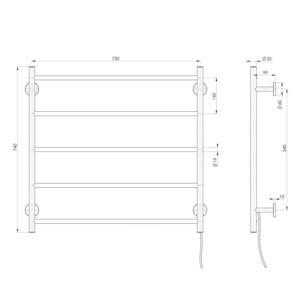 Technical Drawing; Phoenix Radii Heated Towel Ladder 750mm 
