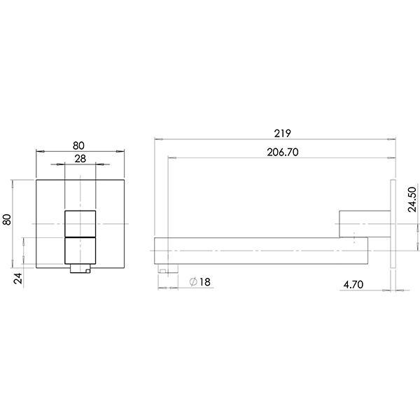 Phoenix Swivel Bath Outlet Square 200mm Technical Drawing - The Blue Space