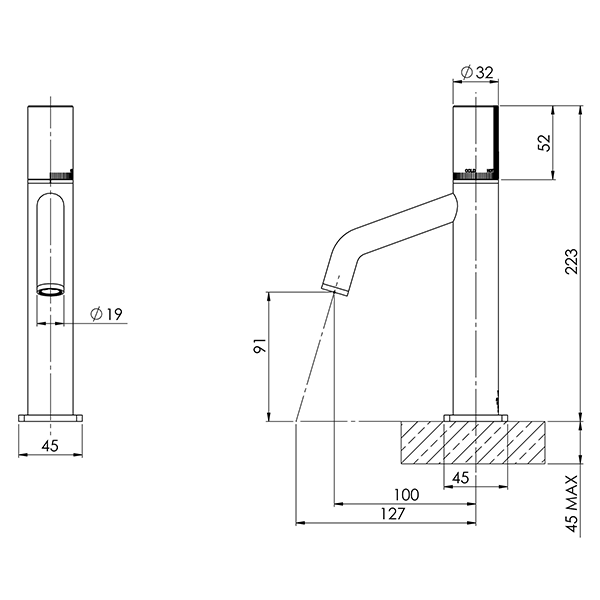 Phoenix Toi Basin Mixer - Technical Drawing The Blue Space