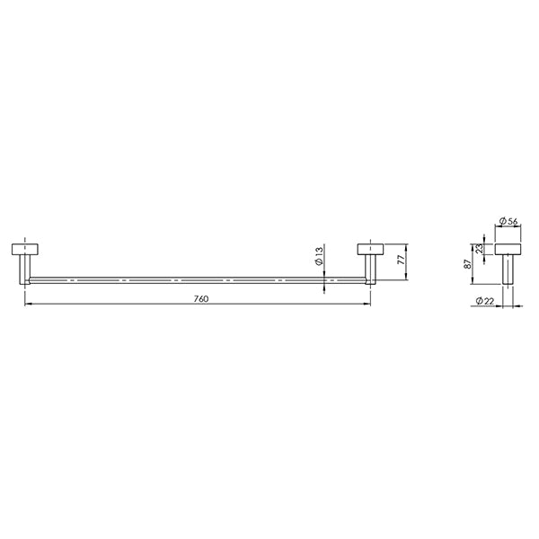 Phoenix Vivid Single Towel Rail 760mm Technical Drawing - The Blue Space