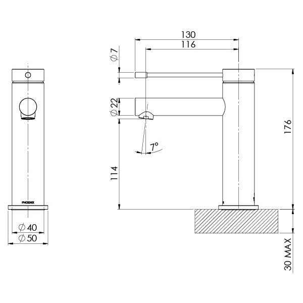Phoenix Vivid Slimline Basin Mixer 316 Stainless Steel Technical Drawing - The Blue Space