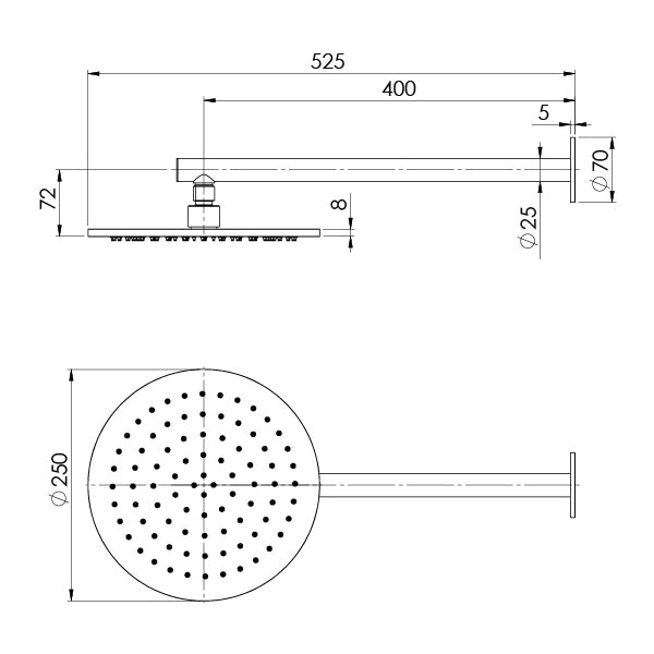 Phoenix Vivid Slimline Shower Arm & 250mm Round Rose 316 Stainless Steel Technical Drawing - The Blue Space