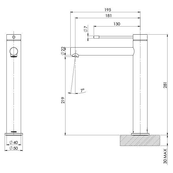 Phoenix Vivid Slimline Vessel Mixer 316 Stainless Steel Technical Drawing - The Blue Space