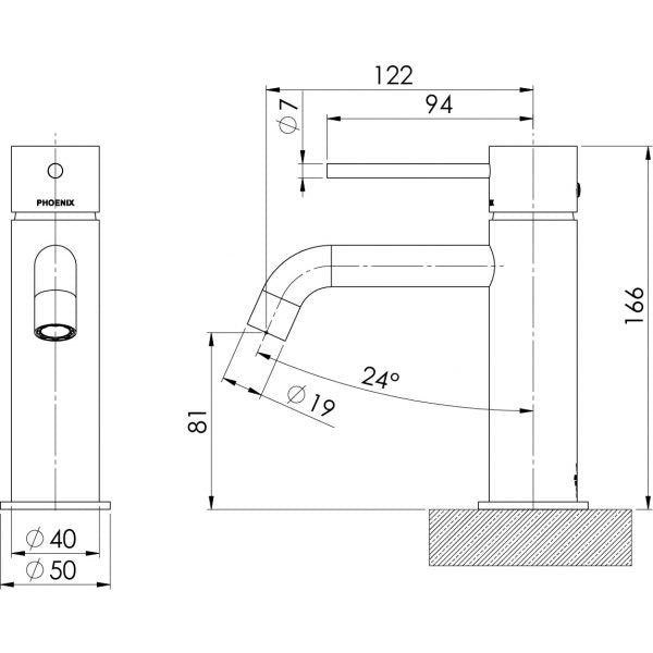 Phoenix Vivid Slimline Basin Mixer Curved Outlet Technical Drawing - The Blue Space