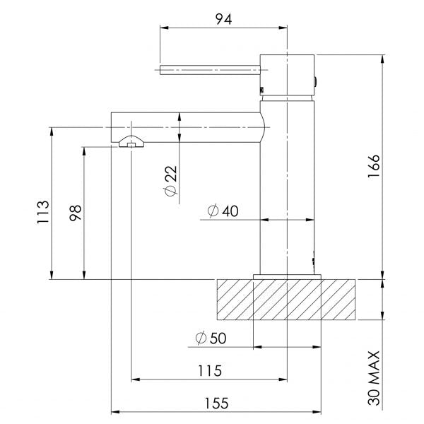 Phoenix Vivid Slimline Basin Mixer Technical Drawing - The Blue Space