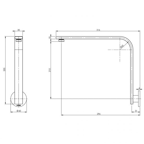 Phoenix Vivid Slimline Shower Arm Round Plate Technical Drawing - The Blue Space