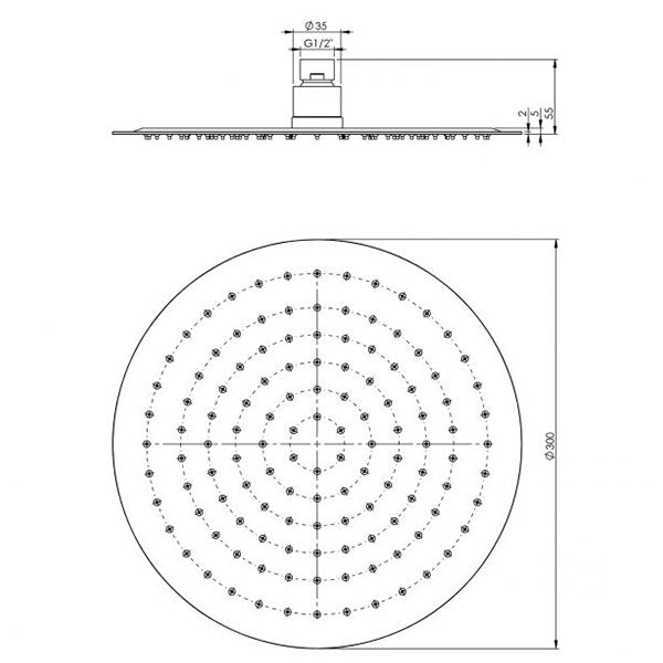 Phoenix Vivid Slimline Shower Rose 300mm Round Technical Drawing - The Blue Space