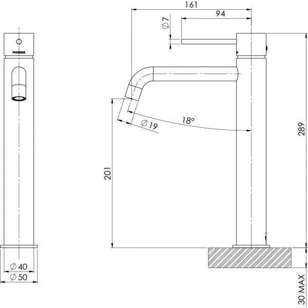 Phoenix Vivid Slimline Vessel Mixer Curved Outlet Technical Drawing - The Blue Space