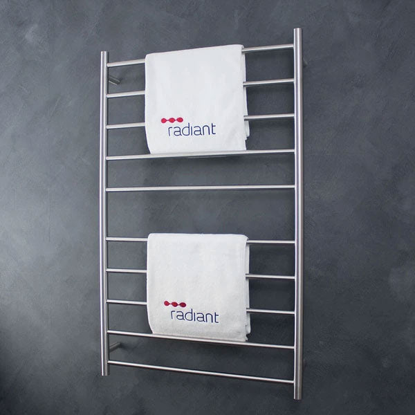 Radiant Round 10 Bar Heated Towel Ladder 750 x 1200 Brushed Stainless Steel - The Blue Space