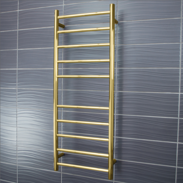 Radiant 10 Bar Round Heated Towel Ladder 430w x 1100h - Brushed Gold in modern bathroom design | The Blue Space