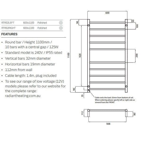 Radiant 10 Bar Round Heated Towel Ladder 600w x 1100h - Technical Drawing - The Blue Space