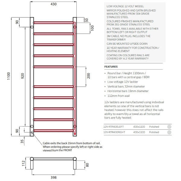 Technical Drawing: Radiant 12V 10 Bar Round Heated Towel Ladder 430w x 1100h