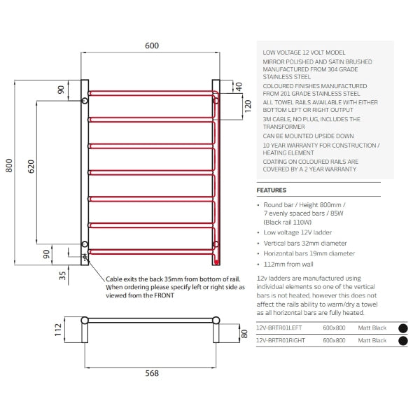 Technical Drawing: Radiant 12V 7 Bar Round Heated Towel Ladder 600w x 800h