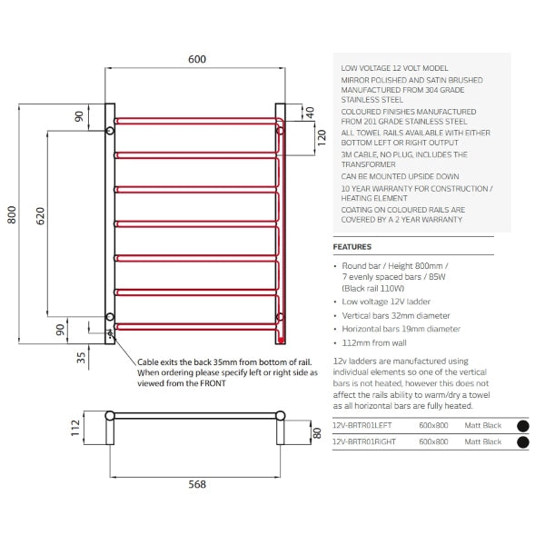 Radiant 12V 7 Bar Round Heated Towel Ladder 600w x 800h - Matte Black