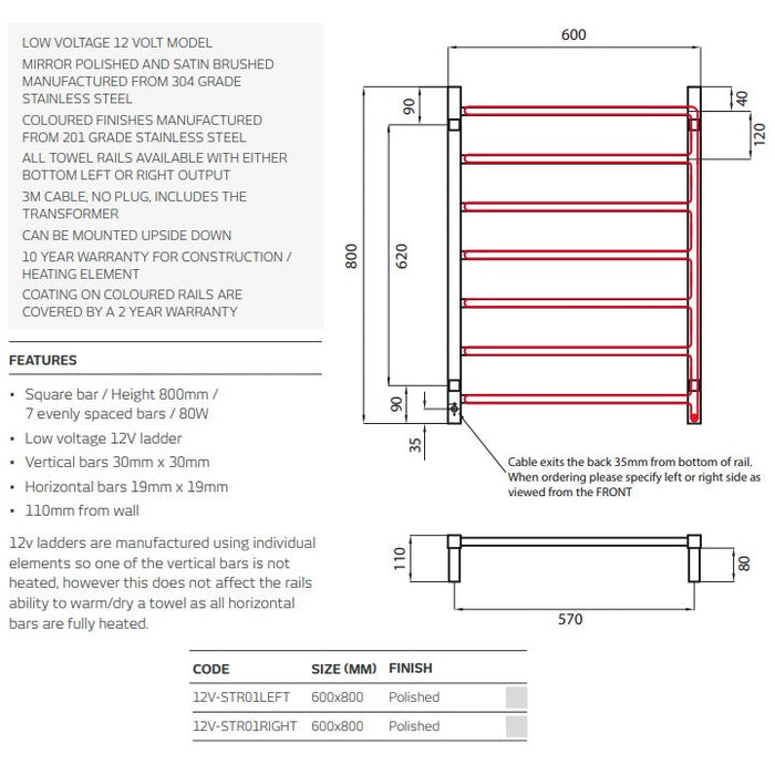Technical Drawing: Radiant 12V Square 7 Bar Heated Towel Ladder 600w x 800h
