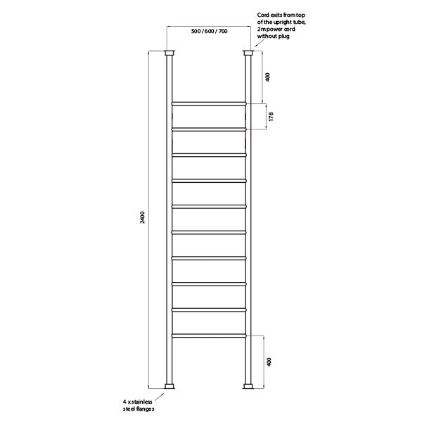 Radiant 500 x 2400mm Round Bar Floor to Ceiling Heated Towel Ladder Technical Drawing - The Blue Space