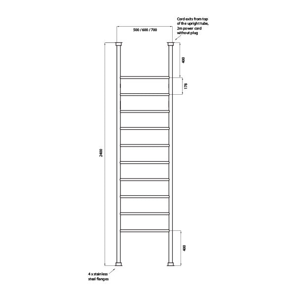 Radiant 600 x 2400mm Round Bar Floor to Ceiling Heated Towel Ladder Technical Drawing - The Blue Space