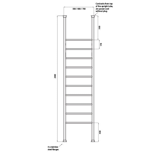 Radiant 500 x 2500mm Round Bar Floor to Ceiling Heated Towel Ladder Technical Drawing - The Blue Space