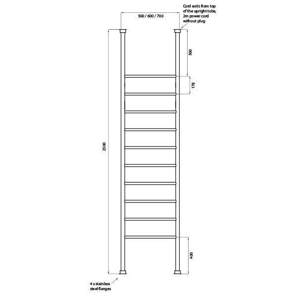 Radiant 600 x 2500mm Round Bar Floor to Ceiling Heated Towel Ladder Technical Drawing - The Blue Space