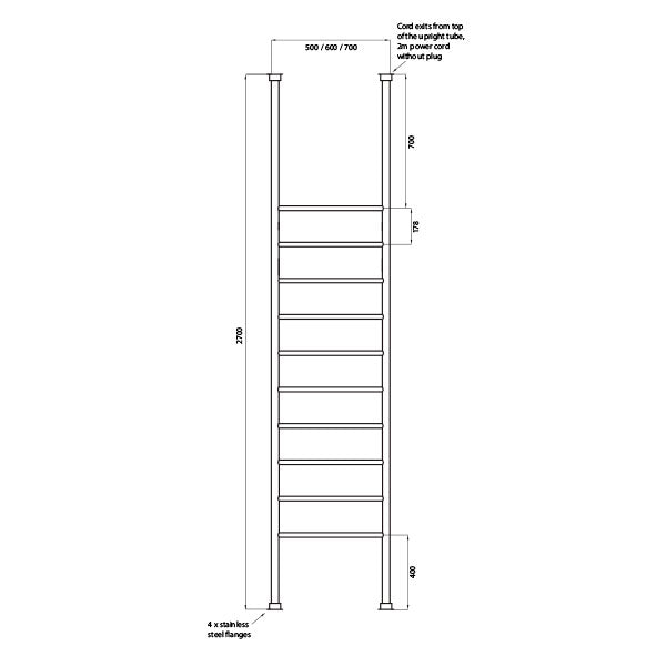 Radiant 500 x 2700mm Round Bar Floor to Ceiling Heated Towel Ladder Technical Drawing - The Blue Space