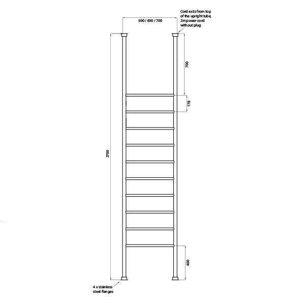 Radiant 600 x 2700mm Round Bar Floor to Ceiling Heated Towel Ladder Technical Drawing - The Blue Space
