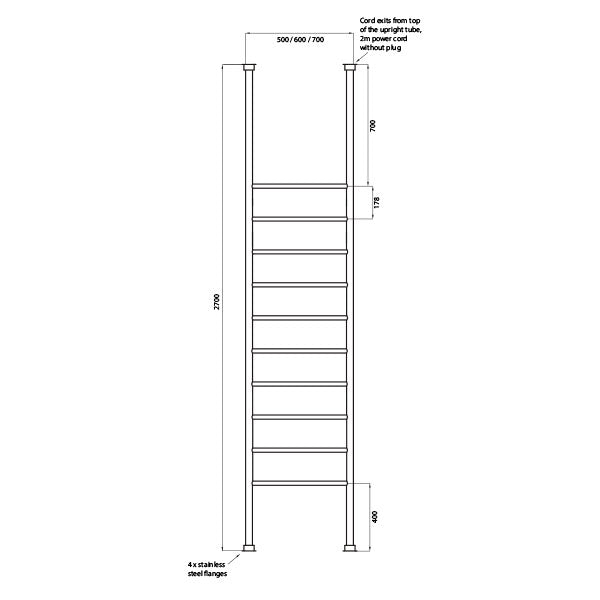 Radiant 700 x 2700mm Round Bar Floor to Ceiling Heated Towel Ladder Technical Drawing - The Blue Space