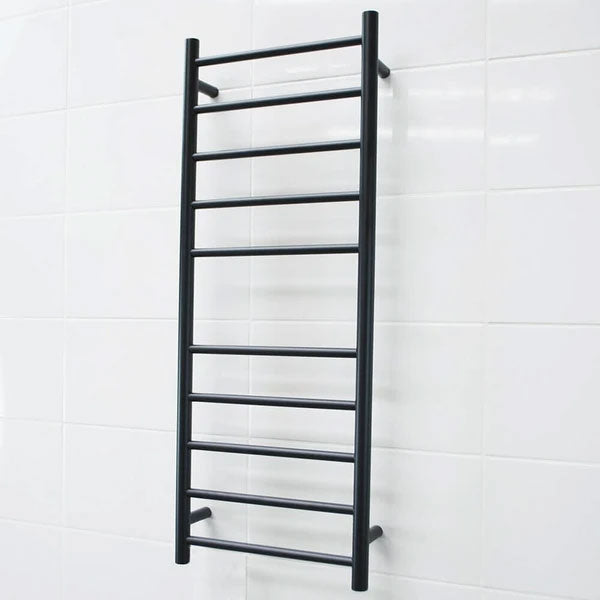 Radiant Round 10 Bar Heated Towel Ladder 430 x 1100 Matte Black | The Blue Space