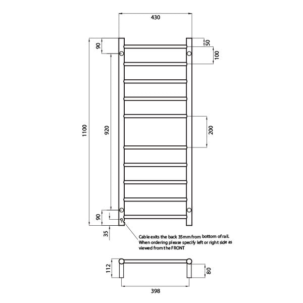 Radiant Round 10 Bar Heated Towel Ladder 430 x 1100 Technical Drawing | The Blue Space