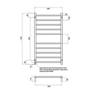 Radiant Round 10 Bar Heated Towel Ladder 600 x 1100 Polished Technical Drawing - The Blue Space