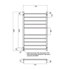 Radiant Round 10 Bar Heated Towel Ladder 750 x 1200 Technical Drawing - The Blue Space